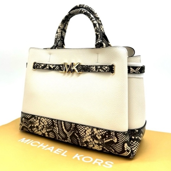 Michael Kors Reed Large Belted Satchel Crossbody Bag Light Cream Snakeskin - Picture 2 of 11